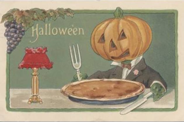 public domain vintage halloween postacard jack o lantern eating dinner bizarre