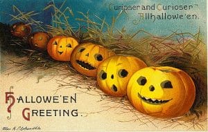 public domain vintage halloween postcard row of jack o lanterns