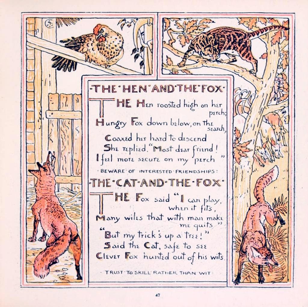 The Hen and The Fox vintage art nouveau with text