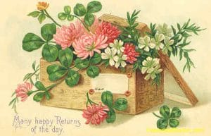 public domain vintage birthday card victorian box of flowers and leaves