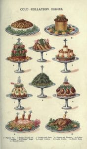 public domain vintage color illustrations of food and fancy meat dishes