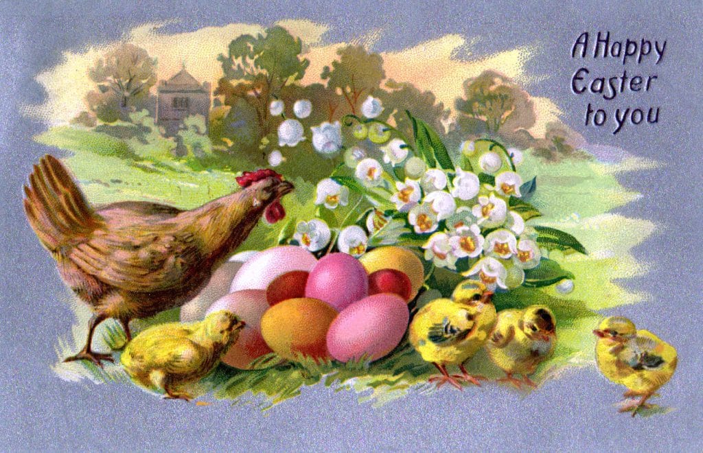 free vintage easter illustration of chicks and eggs from antique victorian postcard