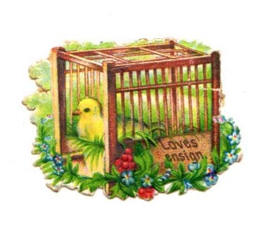 This is a free vintage Easter illustration of a yellow bird in a floral birdcage