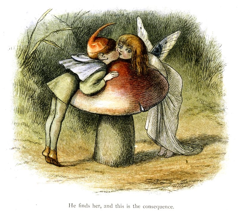 A vintage elf and fairy kissing near a mushroom in Fairyland.