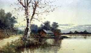 Autumn house on a lake fall illustration public domain