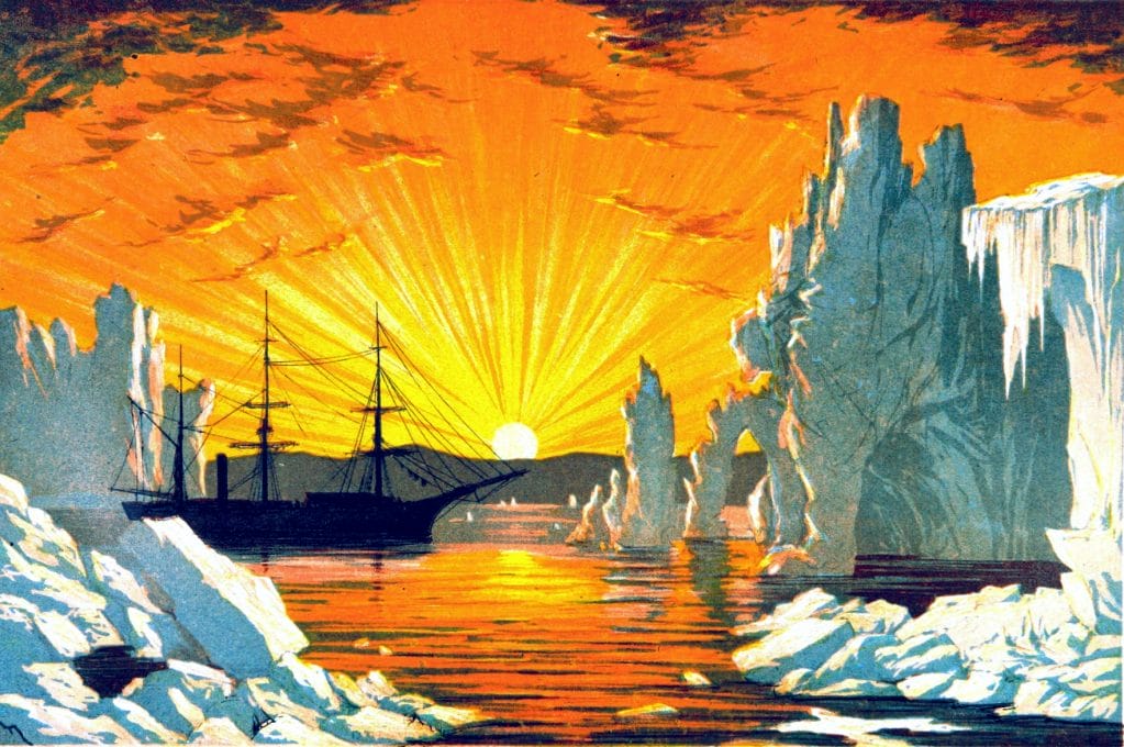 19th century glacier iceberg at sunset
