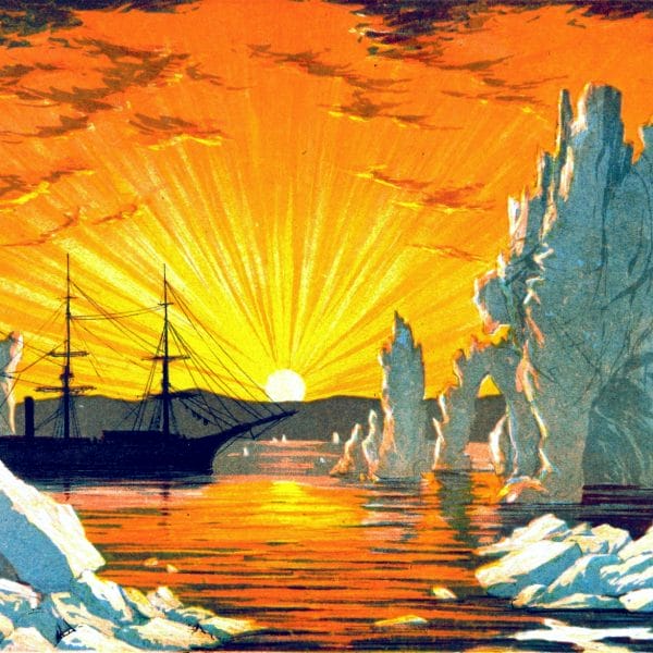 19th century glacier iceberg at sunset