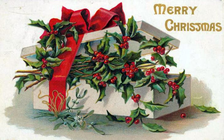 public domain vintage christmas cards with holly gift box