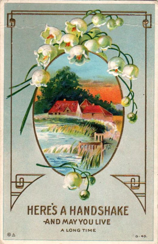 Vintage birthday card with countryside in public domain.