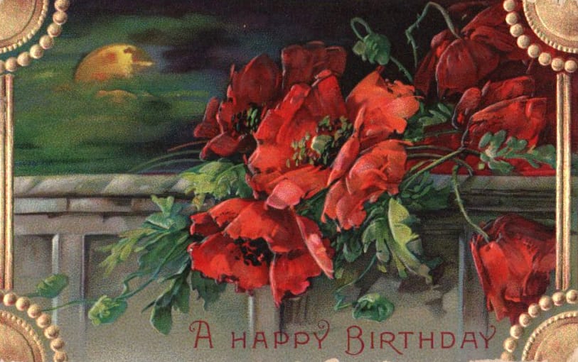 Vintage birthday card with red flowers and gold in public domain.