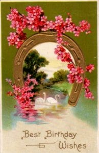 vintage birthday card horseshoe pink flowers public domain