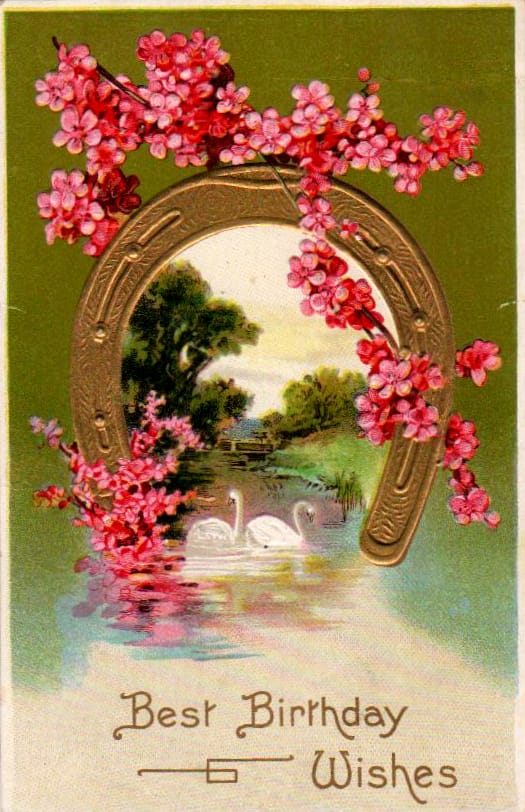 Vintage birthday card with horseshoe and pink flowers in the public domain.