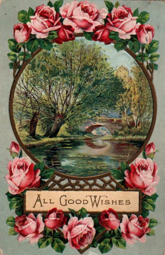 Vintage birthday card with roses and nature in public domain.