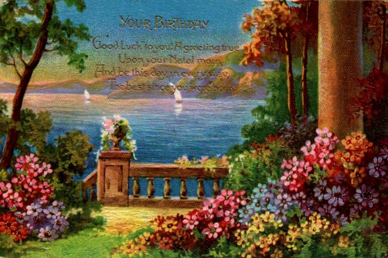 Vintage birthday card with garden in public domain.