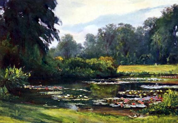 Free public domain vintage landscape of a garden with pond.