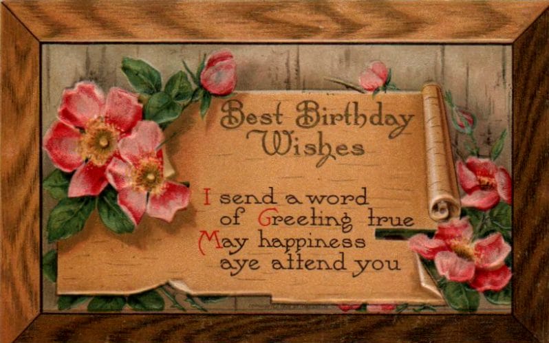 Vintage wooden birthday card with scroll in public domain.