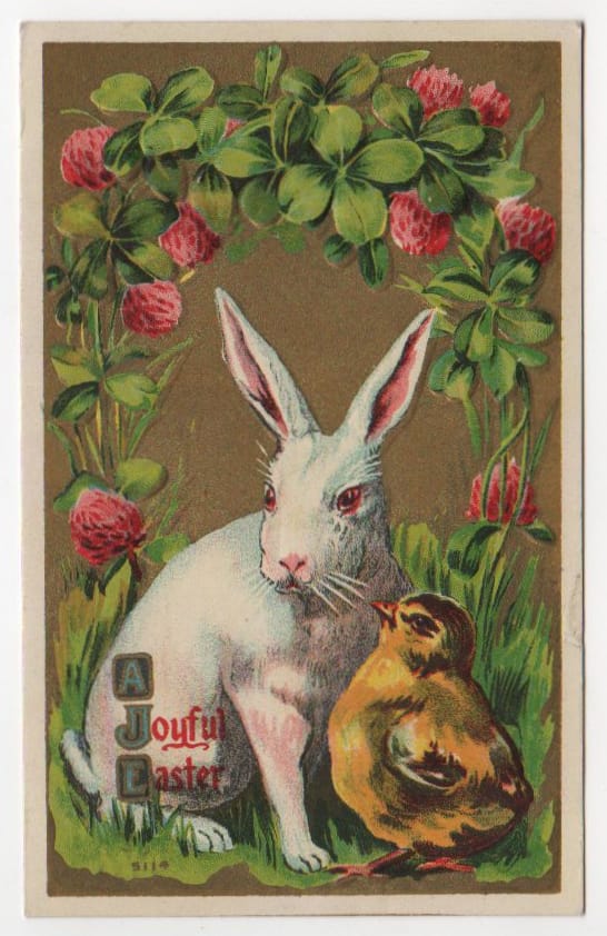 vintage Easter greeting card with rabbit and chick