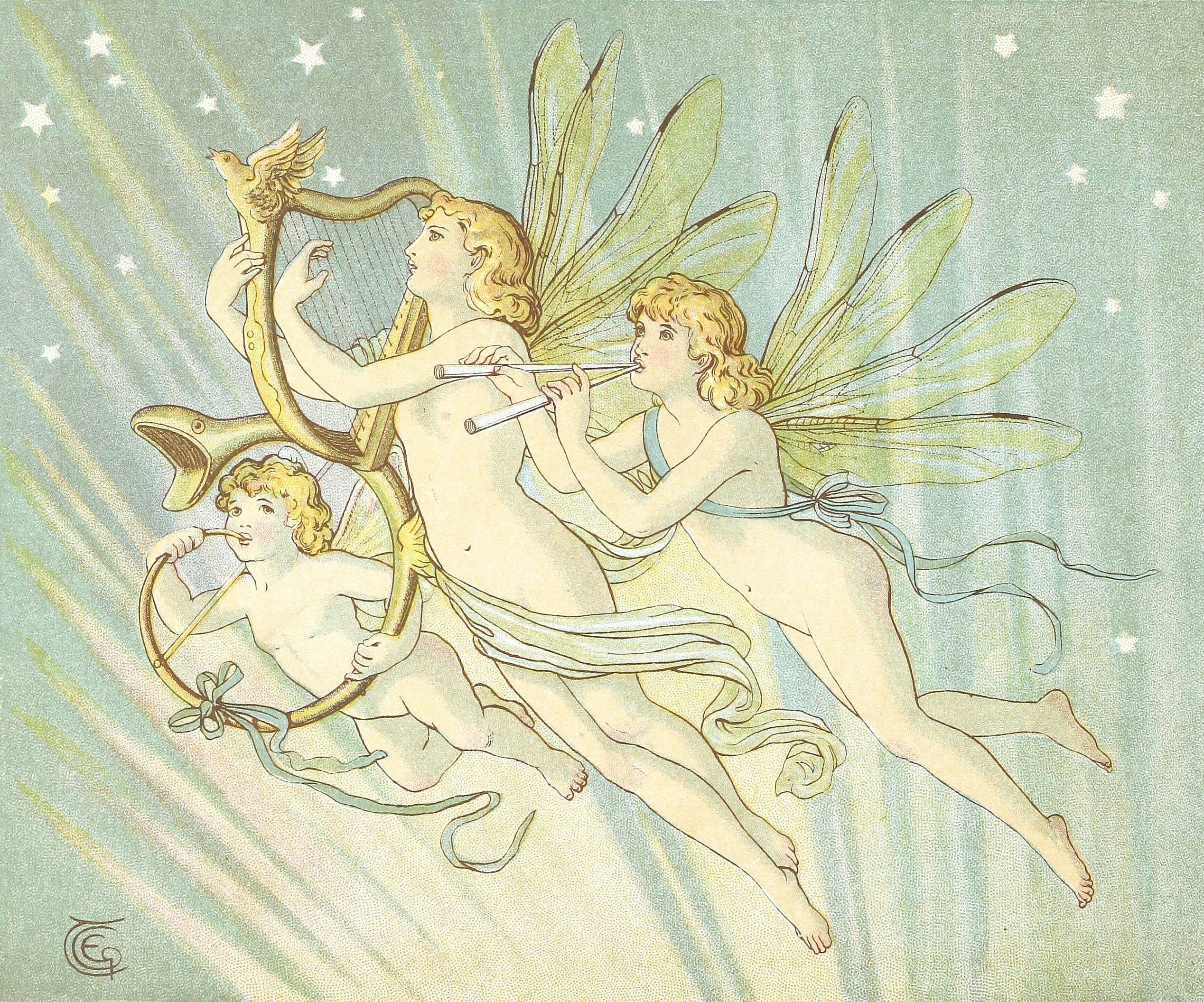 3 fairies playing instruments whilst flying