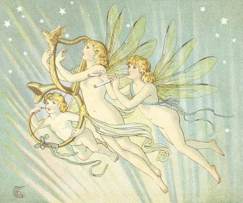 3 fairies playing instruments whilst flying