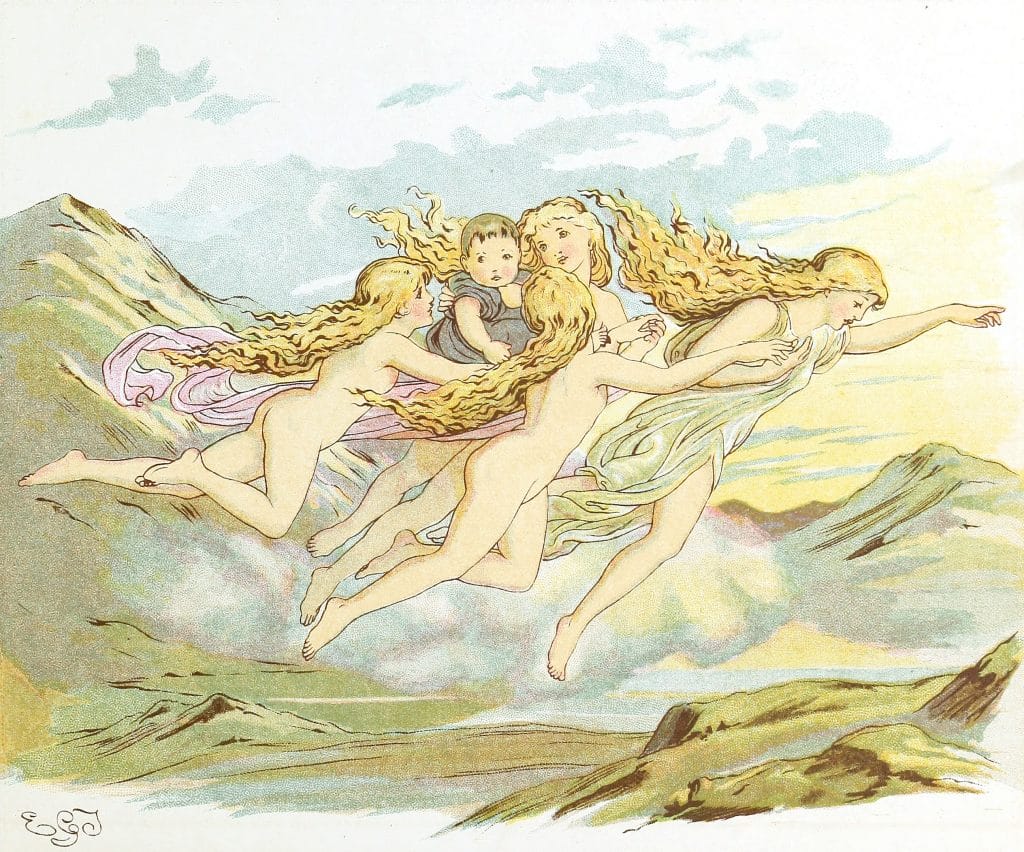 A baby getting carried by 4 flying fairies