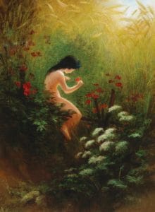 A naked girl sitting in the garden looking at a red flower