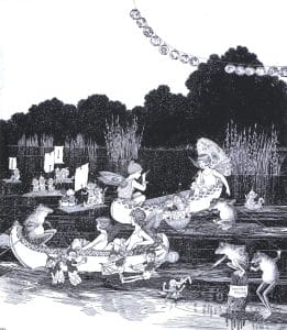 Fairies and Frogs racing boats in the pond