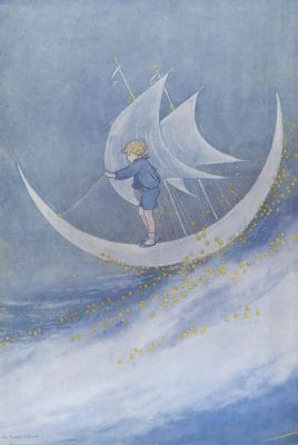 Vintage Illustration of a little boy riding a moon shaped sail boat. The wave is shimmering with yellow stars.