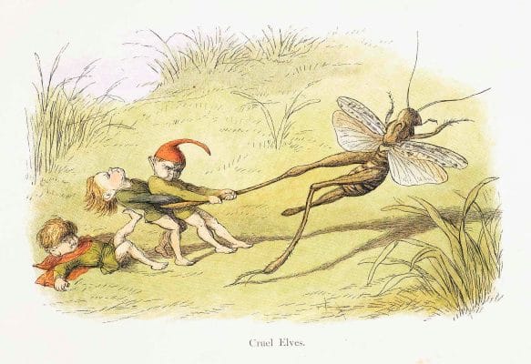 Cruel Elves pulling on a leg of a grasshopper
