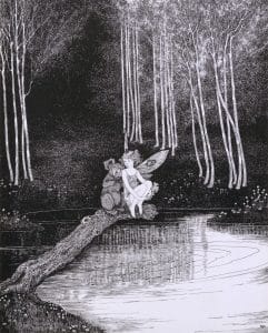 Koala comforting a fairy sitting on a tree above a pond