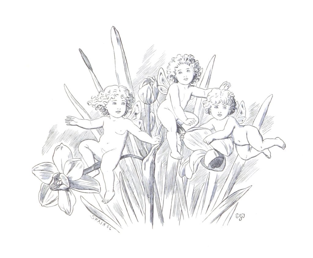 Fairies playing in a flower garden
