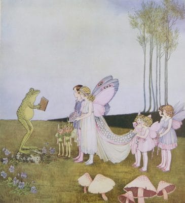 Vintage illustration of a fairy wedding. A frog celebrant reading from a book. 4 flower girls behind the bride and 2 elf groomsmen next to the fairy groom.