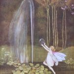 Fairy flying over a pond with a crystal ball