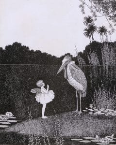 A young Fairy giving a large bird advice