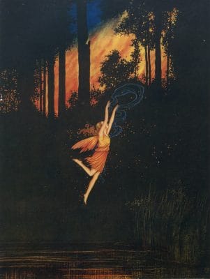 Vintage Illustration of a Fairy flying. a swirl of blue smoke surrounds her. In the dark with orange background
