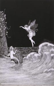 A mermaid sitting on a rock with a fairy hovering above her