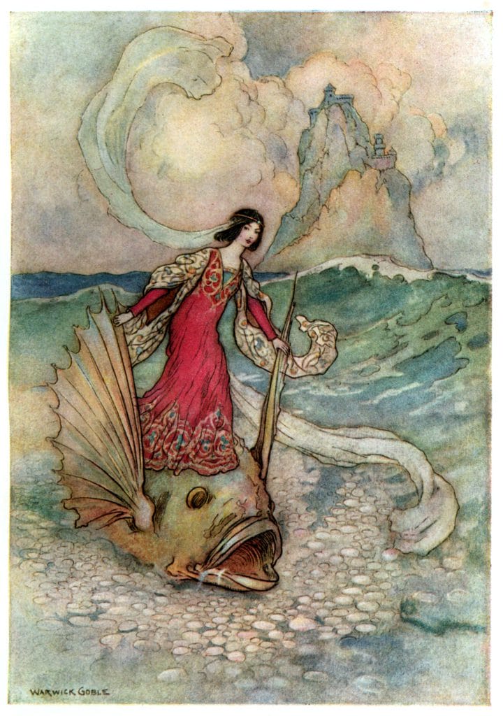 Rita riding on the Dolphin 1911 Warwick Goble