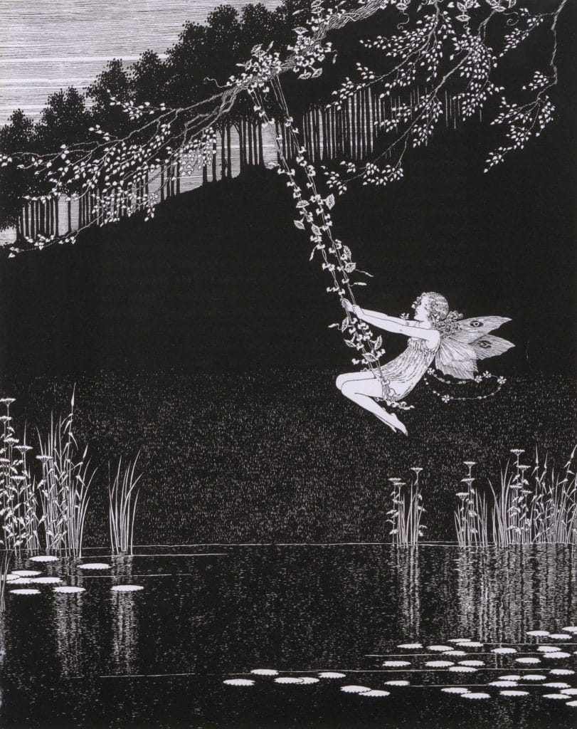 A Fairy Swinging on a nature swing above a pond