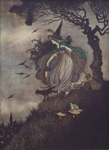 A Witch with her cat and broomstick under a tree, looking over a town  – Vintage Fairy Illustration in the Public Domain