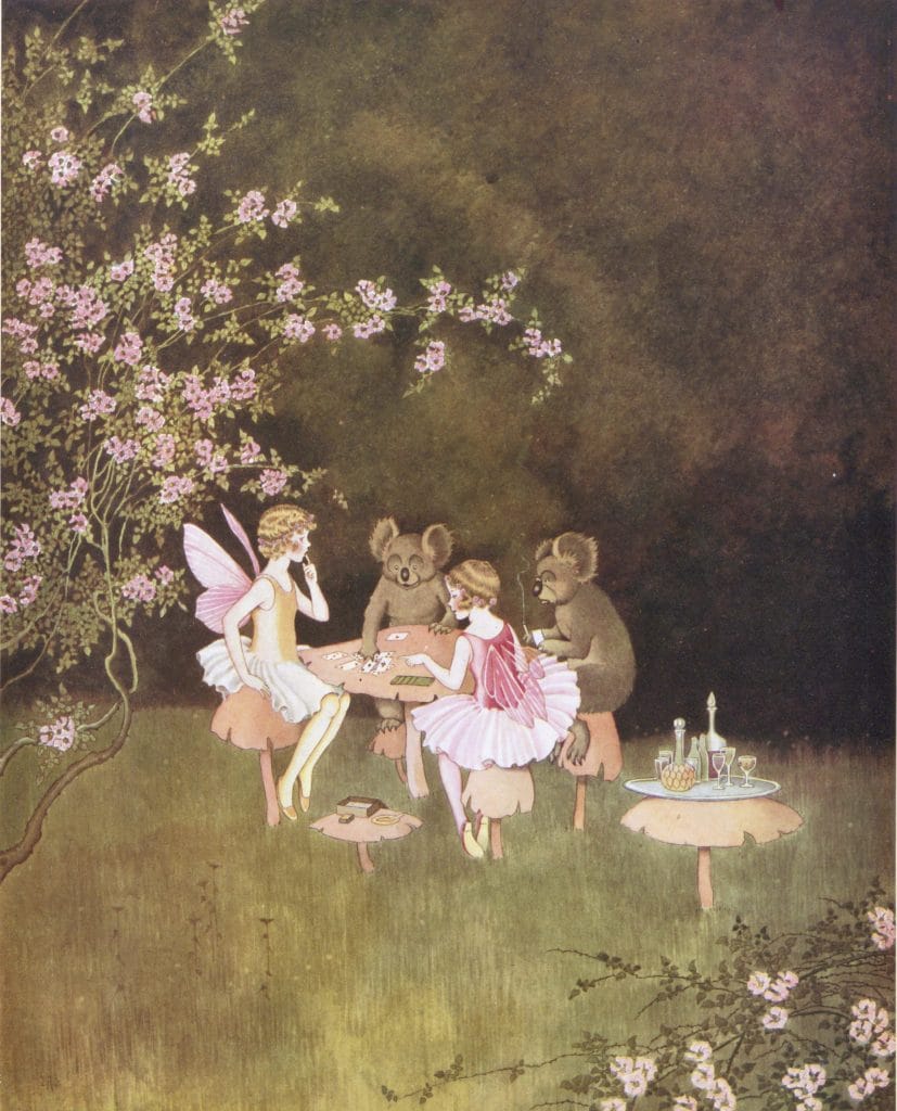 Two Koalas sitting with Two Fairies at a Mushroom table