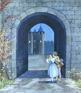 A Girl and Boy kissing farewell at a castle gate