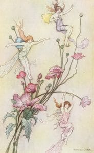 Three Fairies playing around a bunch of flowers