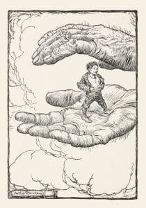 A Giant holding a boy in his palm