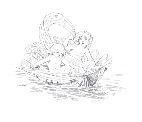 Two fairies riding a shell in the water