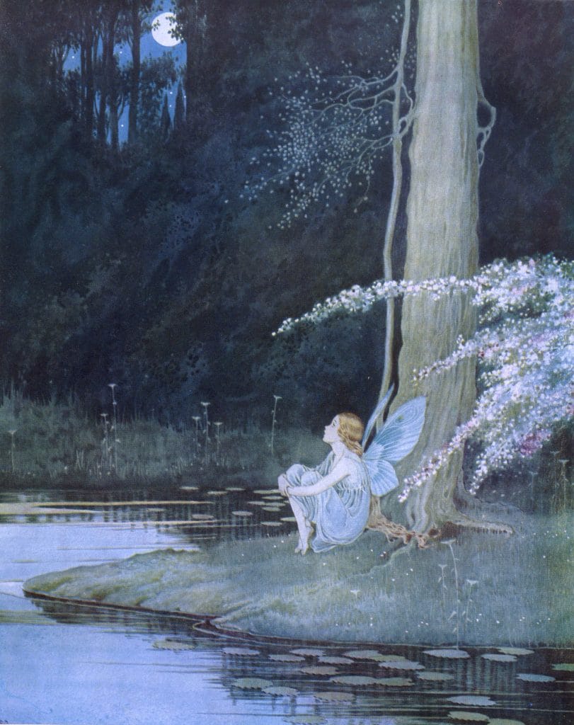 A fairy sitting under a tree next to a body of water