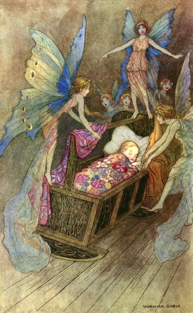 Fairies surrounding a sleeping baby in a cot