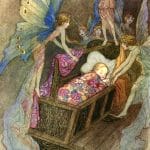 Fairies surrounding a sleeping baby in a cot