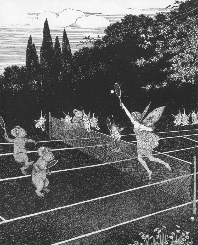Vintage Illustration of A Fairy playing a game of Tennis against a couple of Koala bears