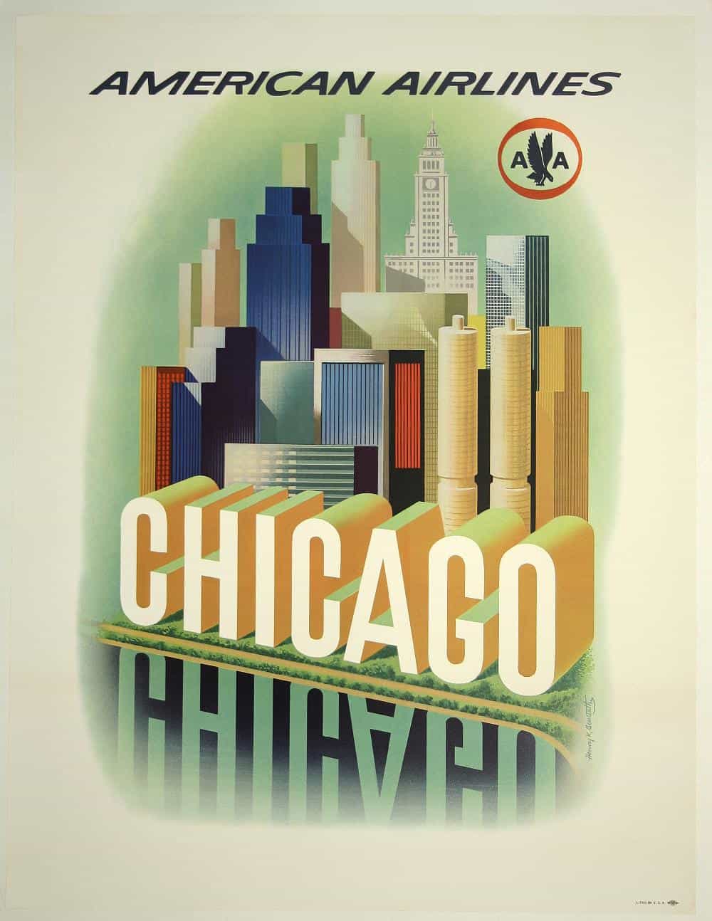 American Airlines Chicago Henry K. Bencsath 19501 Vintage Travel Poster