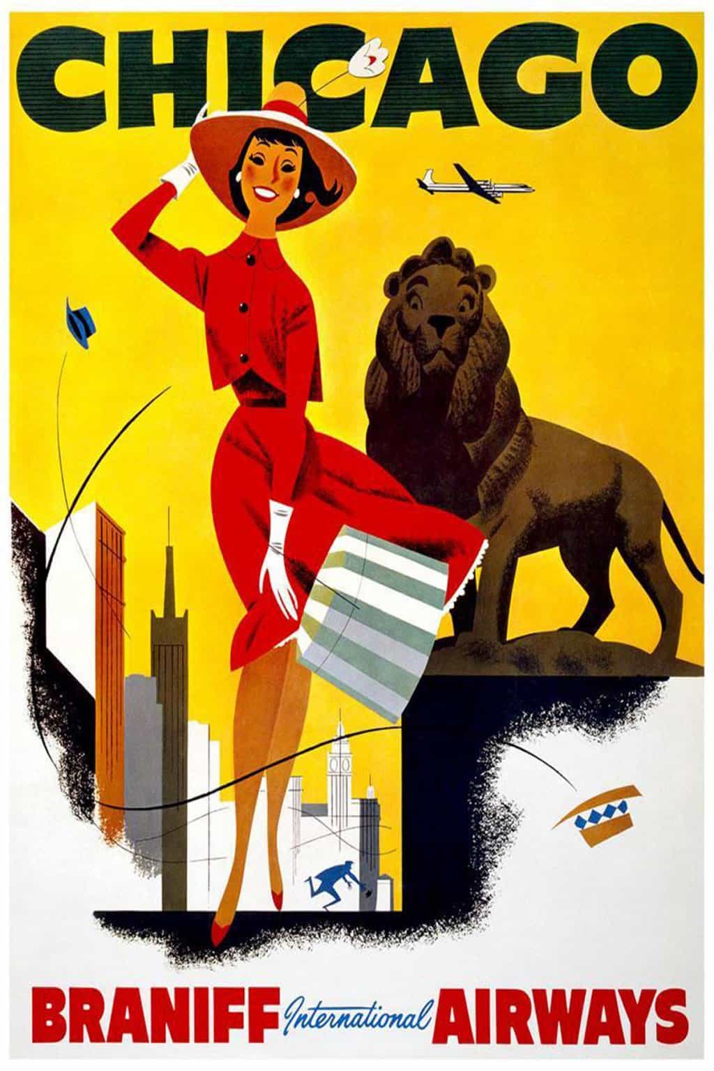 Chicago Braniff International Airways 1950s Vintage Travel Poster