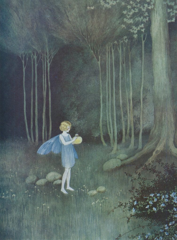Vintage Illustration of a Fairy with blue wings and dress In dark Woods